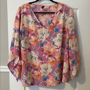 SHEIN Floral V-Neck Blouse - Pink and Orange